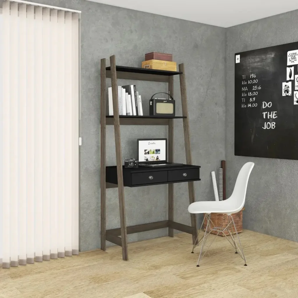 Escritorio tipo escalera negro con cajones y estantes de madera oscura en un moderno espacio de oficina en casa. by Remates Narvaja