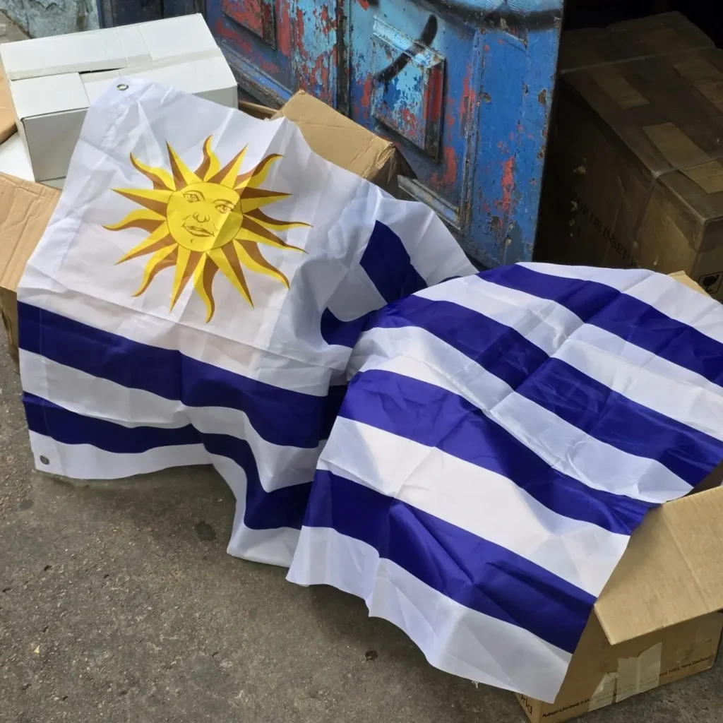Bandera de Uruguay con el Sol de Mayo, sobre cajas y el suelo. by Remates Narvaja