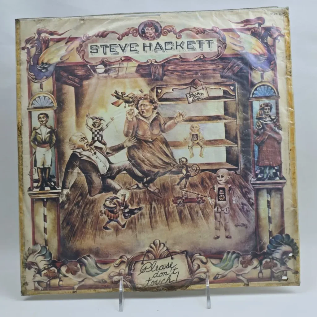 Portada del álbum "Please Don't Touch!" de Steve Hackett, con una ilustración surrealista de un hombre cayendo y figuras fantásticas. by Remates Narvaja