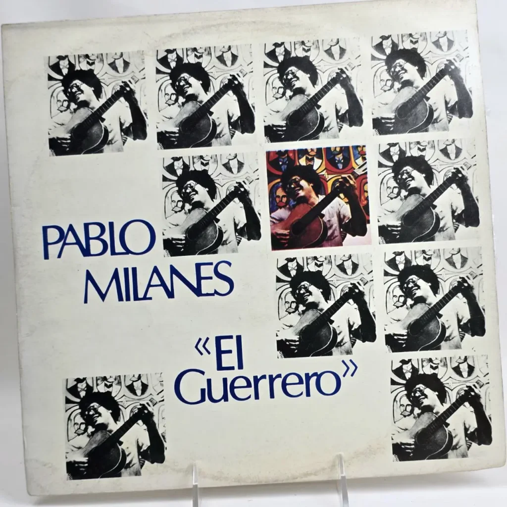 Portada del álbum de Pablo Milanés "El Guerrero" con una cuadrícula de imágenes del artista tocando la guitarra, la mayoría en blanco y by Remates Narvaja