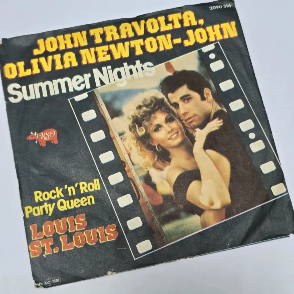 Portada de vinilo "Summer Nights" de John Travolta y Olivia Newton-John (Grease), con foto de los artistas y el lado by Remates Narvaja