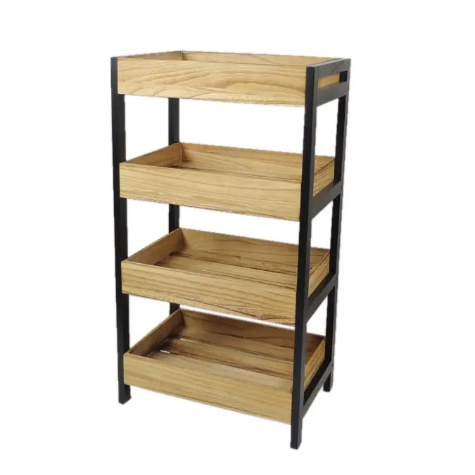 Estantería de 4 niveles con bandejas de madera y estructura de metal negro. by Remates Narvaja