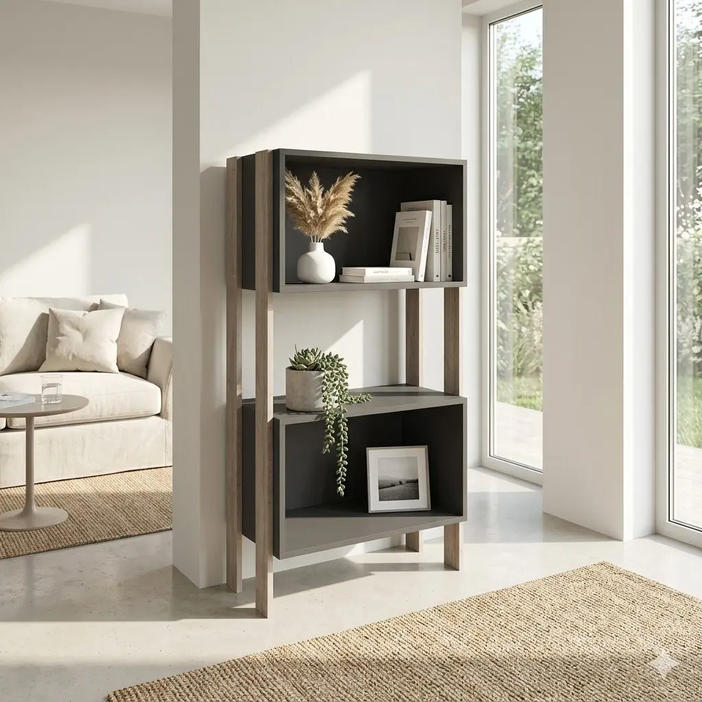 Estantería moderna gris y madera decorada con plantas y libros en una sala de estar. by Remates Narvaja