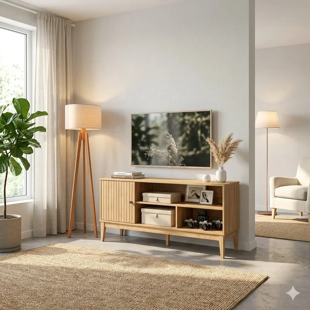 Sala de estar moderna y acogedora con mueble de TV de madera clara, televisor montado, lámpara de pie y alfombra de y by Remates Narvaja