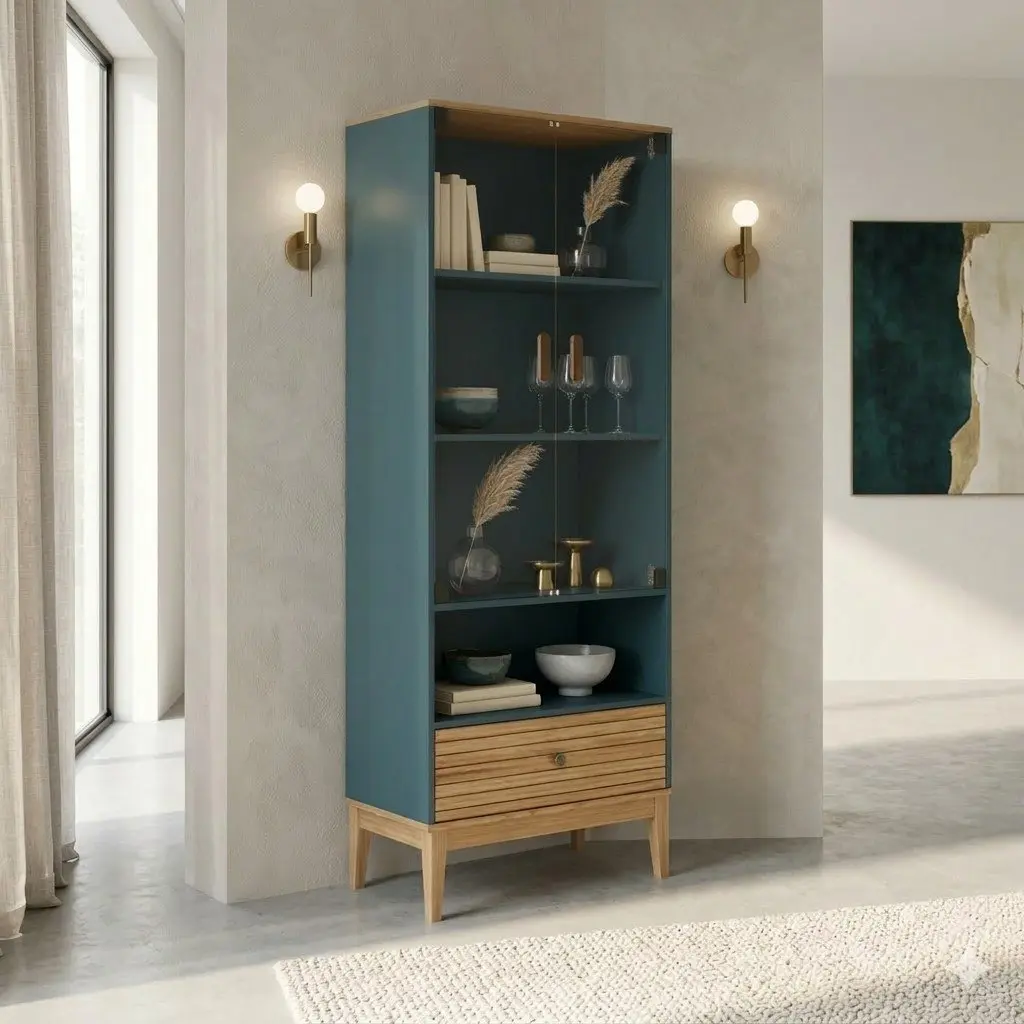 Vitrina moderna azul y madera con estantes y cajón para salón. by Remates Narvaja