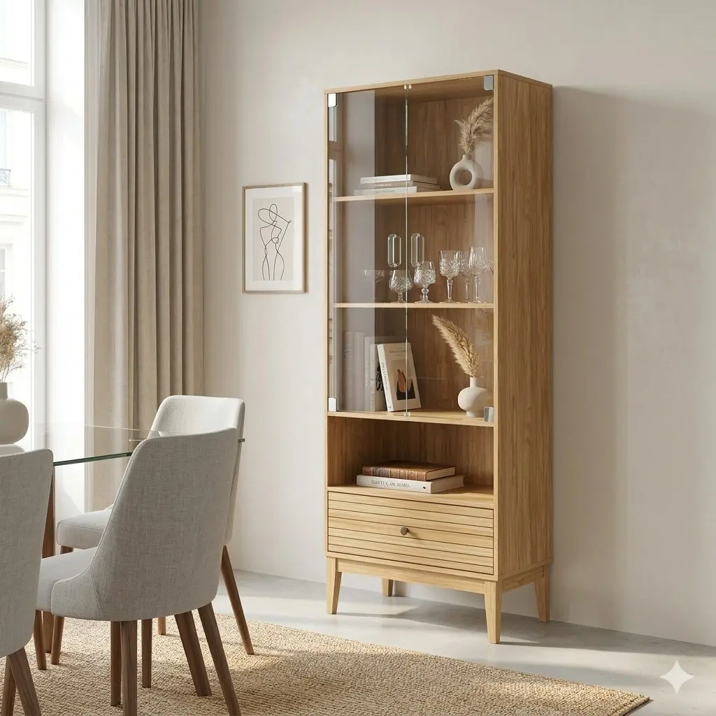 Vitrina moderna de madera clara con puertas de cristal y cajón en un comedor. by Remates Narvaja