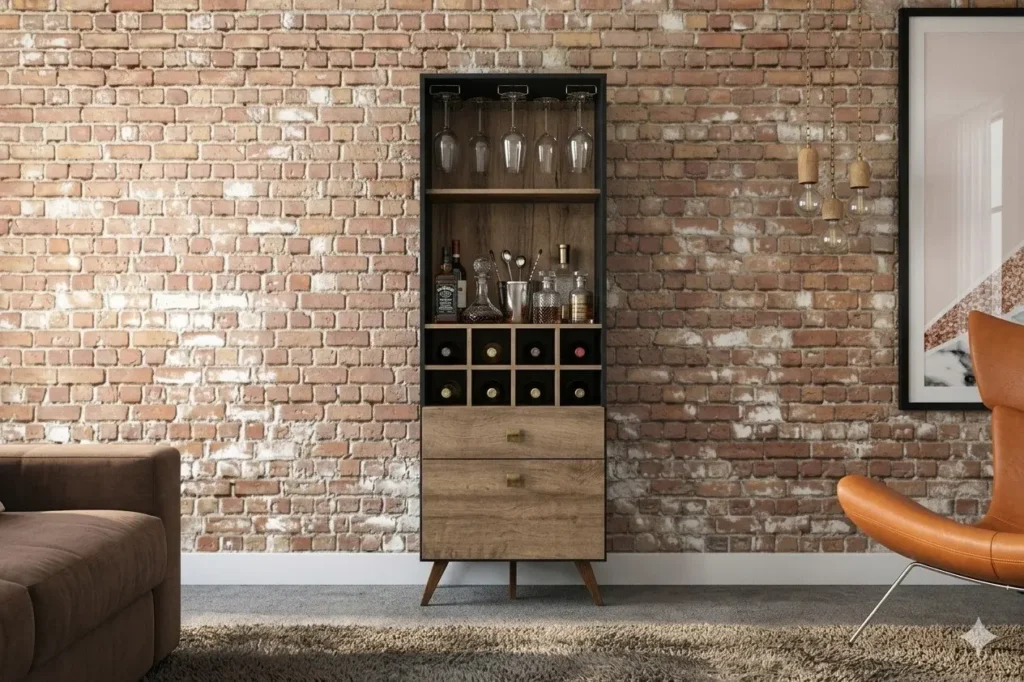 Mueble bar de madera con botellero, estante para licores y copas, en sala de estar con pared de ladrillo by Remates Narvaja