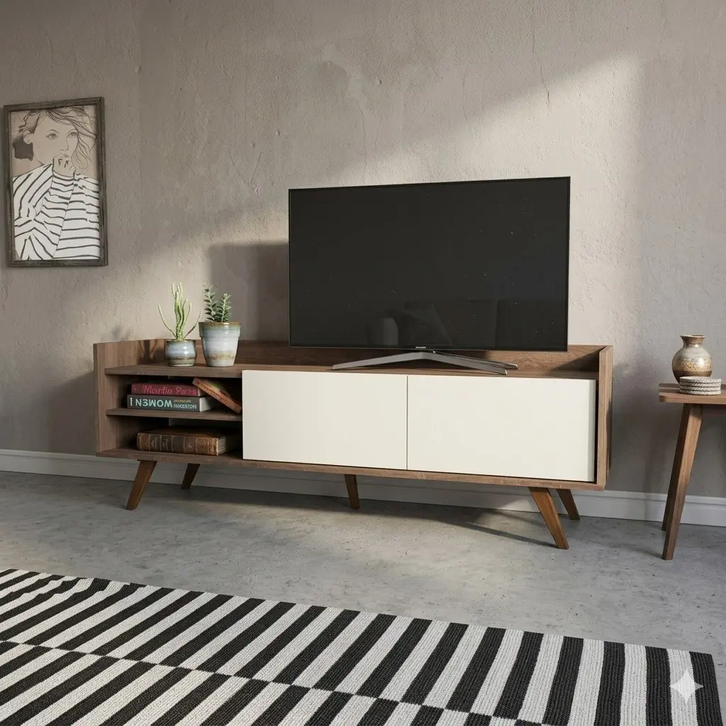 Mueble de TV moderno de madera y blanco con estantes en salón. by Remates Narvaja