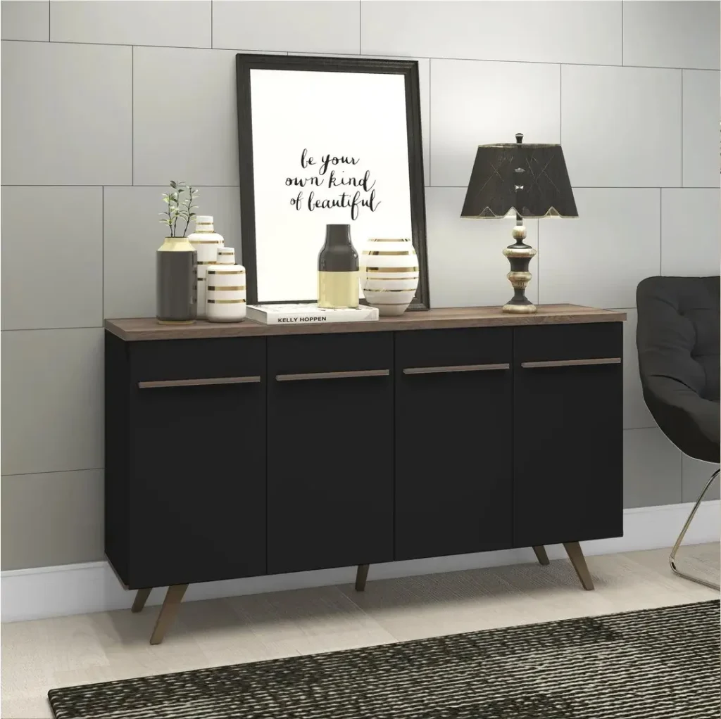 Aparador negro moderno con tapa de madera y patas inclinadas, decorado en un salón. by Remates Narvaja