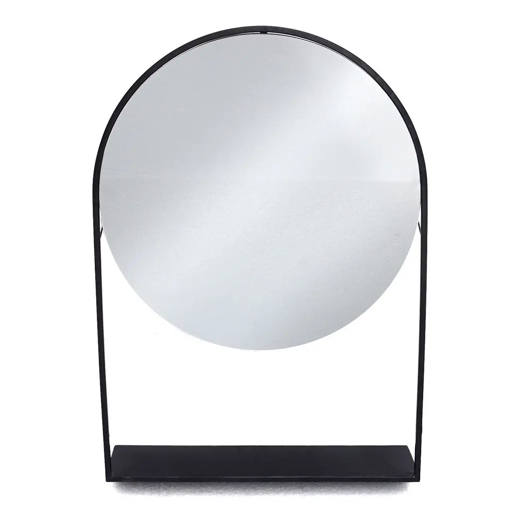 Espejo redondo con marco negro de metal y estante inferior. by Remates Narvaja