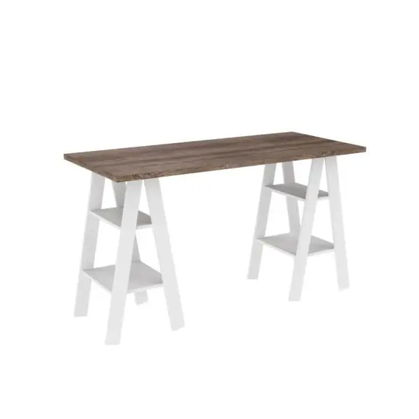 Escritorio moderno con tablero efecto madera y patas blancas con estantes.** by Remates Narvaja