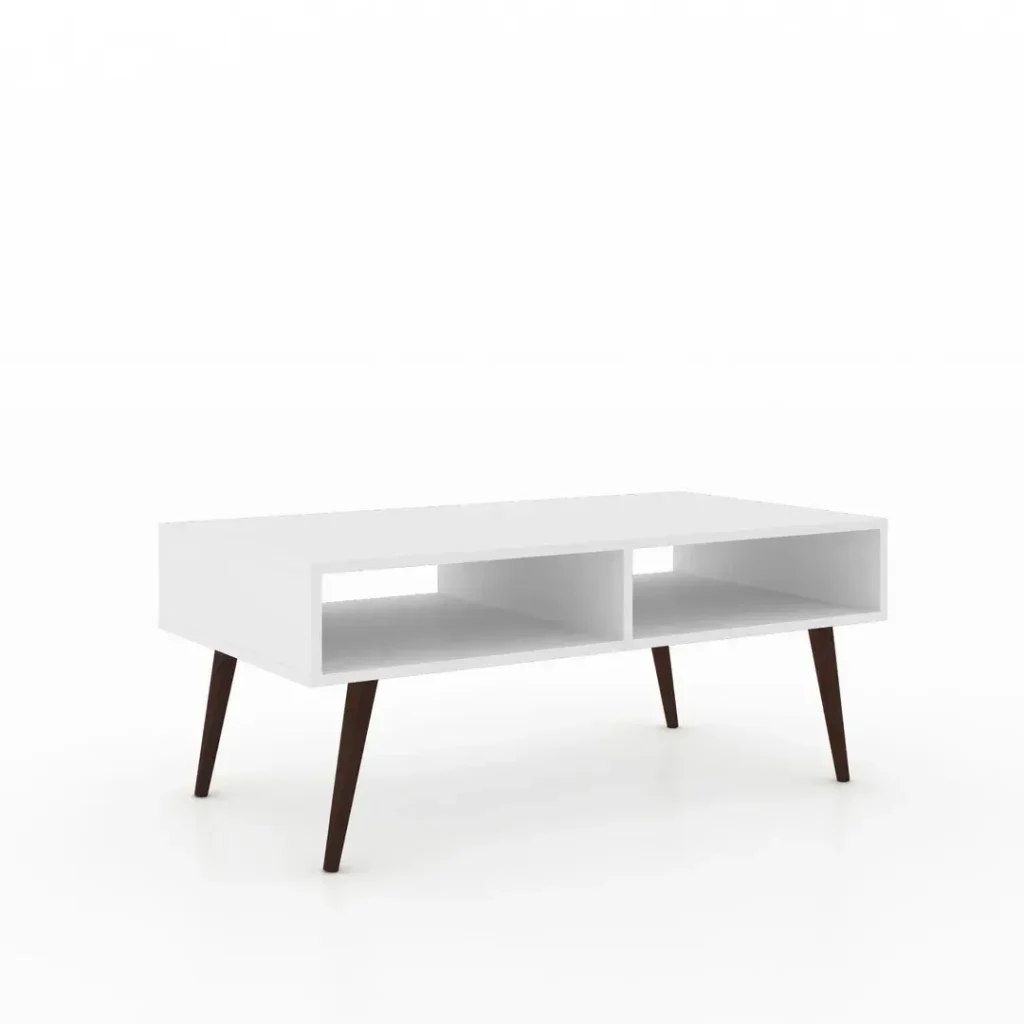 Mesa de centro blanca con dos compartimentos y patas de madera oscura. by Remates Narvaja