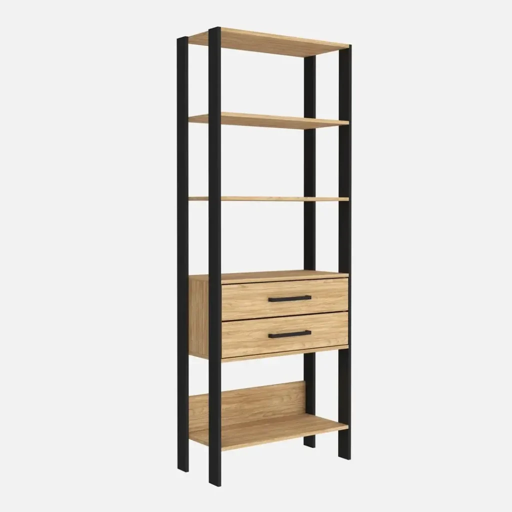 Estantería moderna de madera clara y metal negro con cajones. by Remates Narvaja