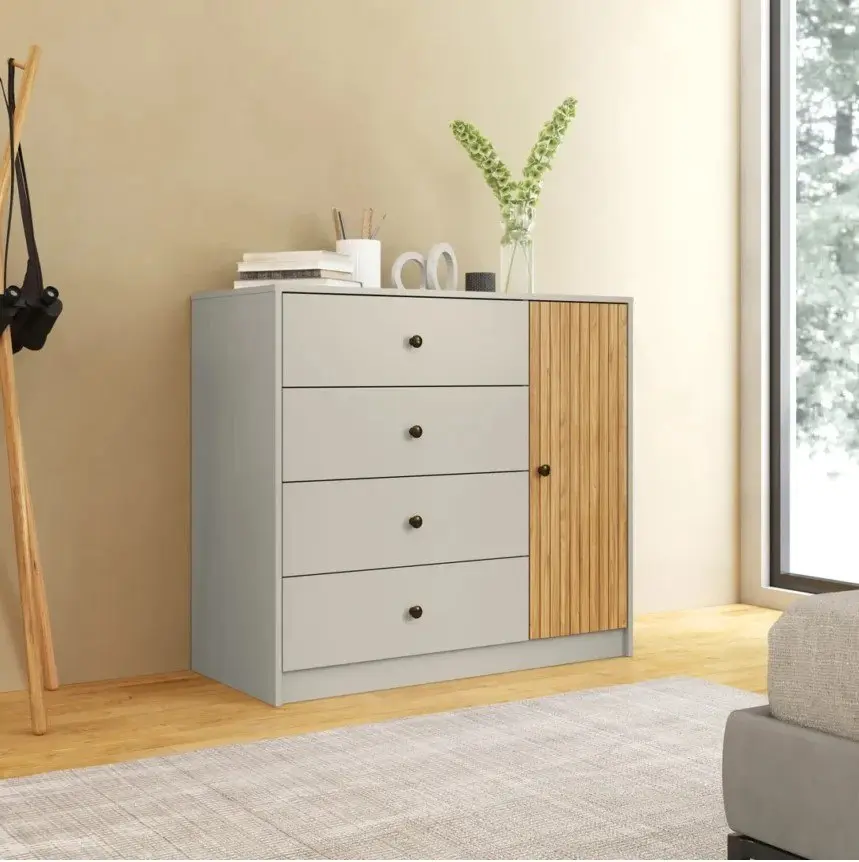 Cómoda moderna gris con cuatro cajones y puerta de madera acanalada. by Remates Narvaja