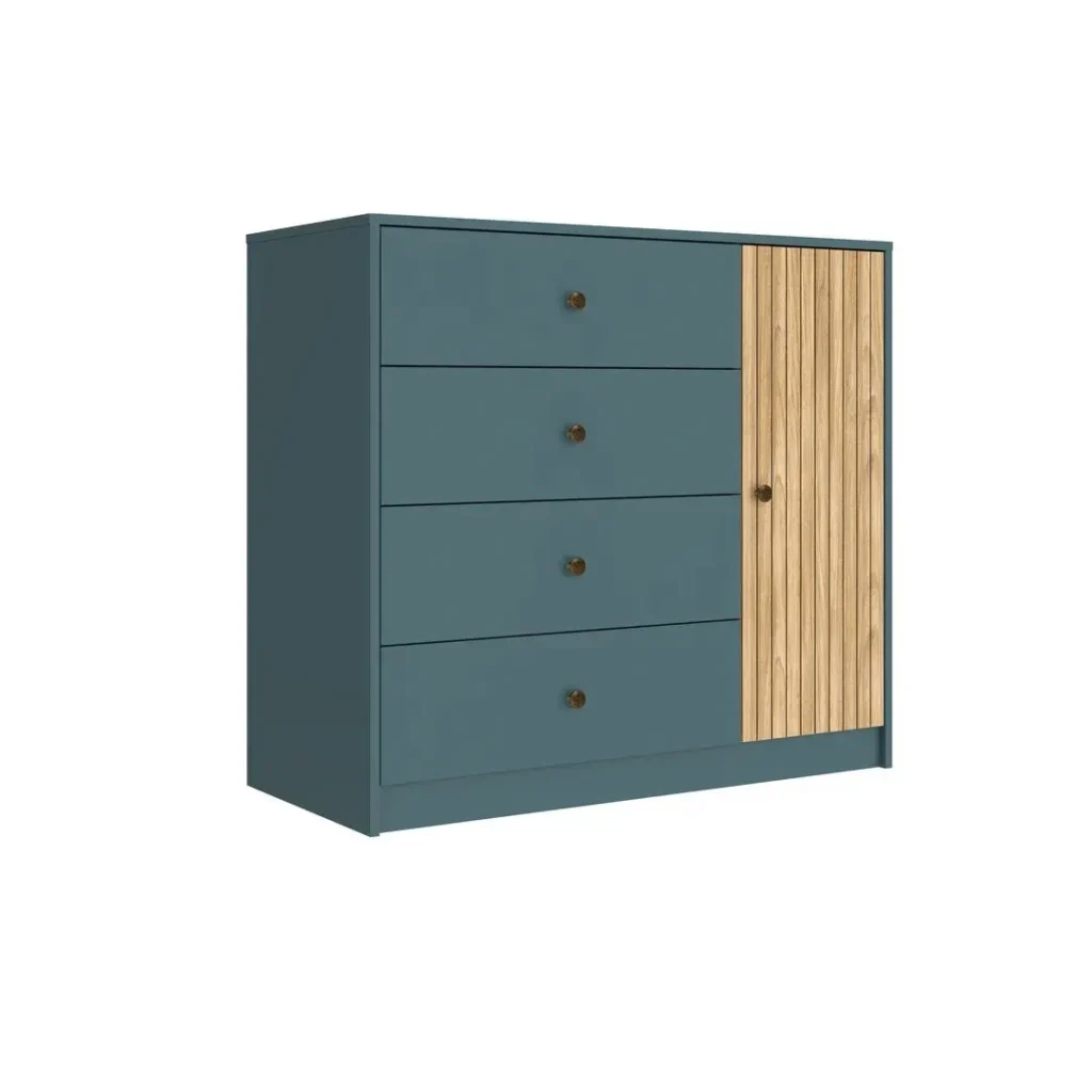 Cómoda azul con 4 cajones y puerta de madera acanalada. by Remates Narvaja