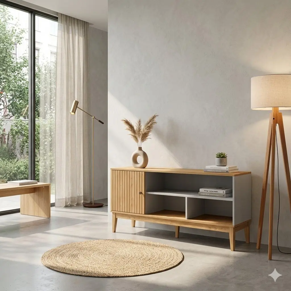 Mueble TV moderno de madera clara en salón con decoración minimalista, lámpara de pie y alfombra de yute. by Remates Narvaja