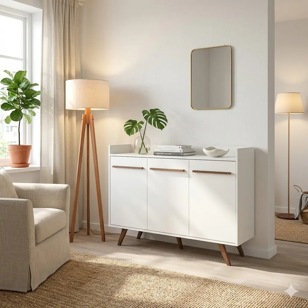 Aparador blanco moderno con patas y tiradores de madera en una sala de estar luminosa, junto a un espejo y lámpara de pie. by Remates Narvaja