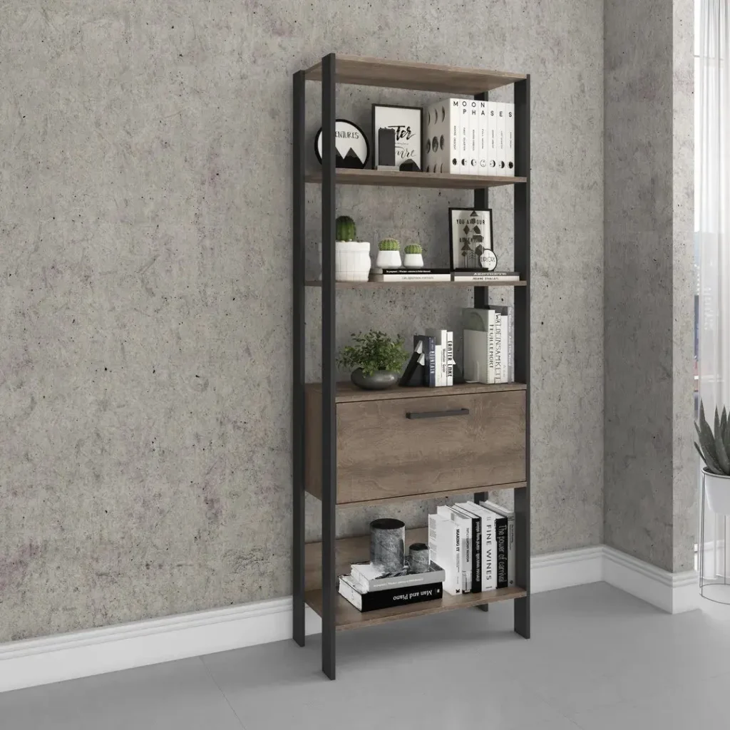 Estantería industrial de madera y metal negro con estantes y cajón. by Remates Narvaja