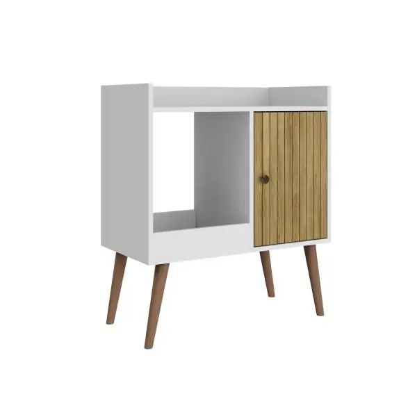 Mueble auxiliar blanco con compartimento abierto y puerta de madera acanalada, patas de madera. by Remates Narvaja