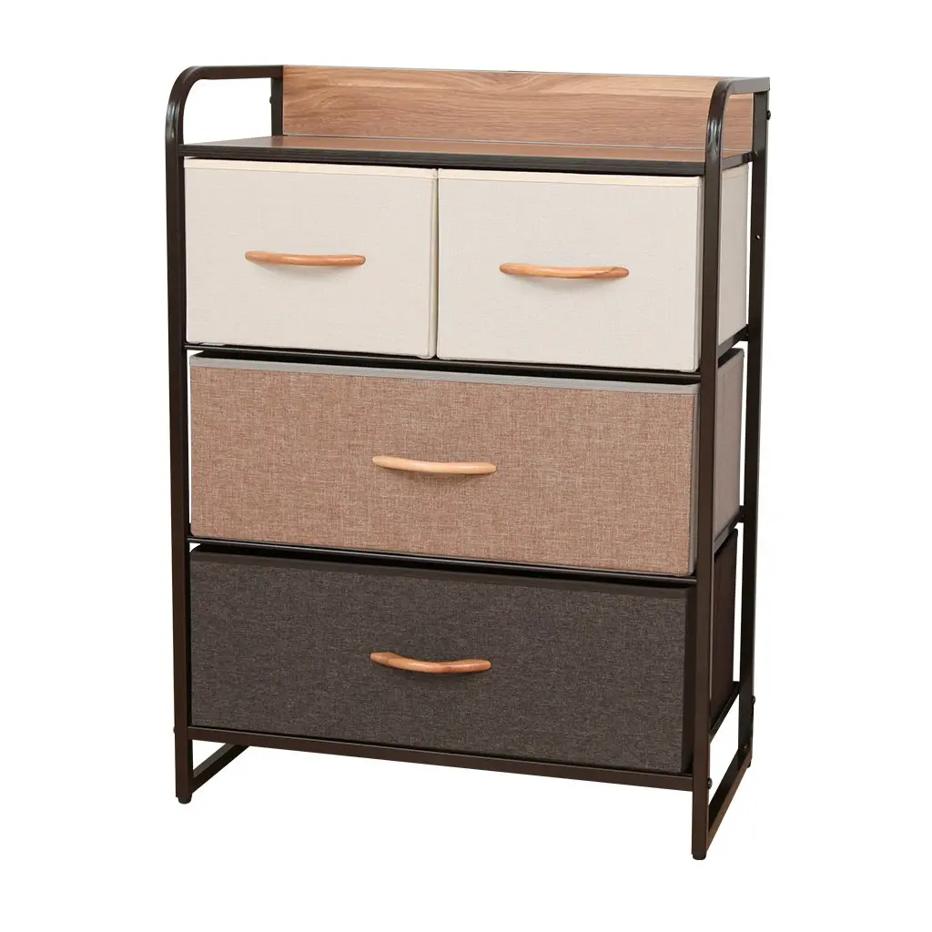 Cómoda moderna con 4 cajones de tela en tonos beige, marrón y gris, estructura de metal y superficie de madera. by Remates Narvaja