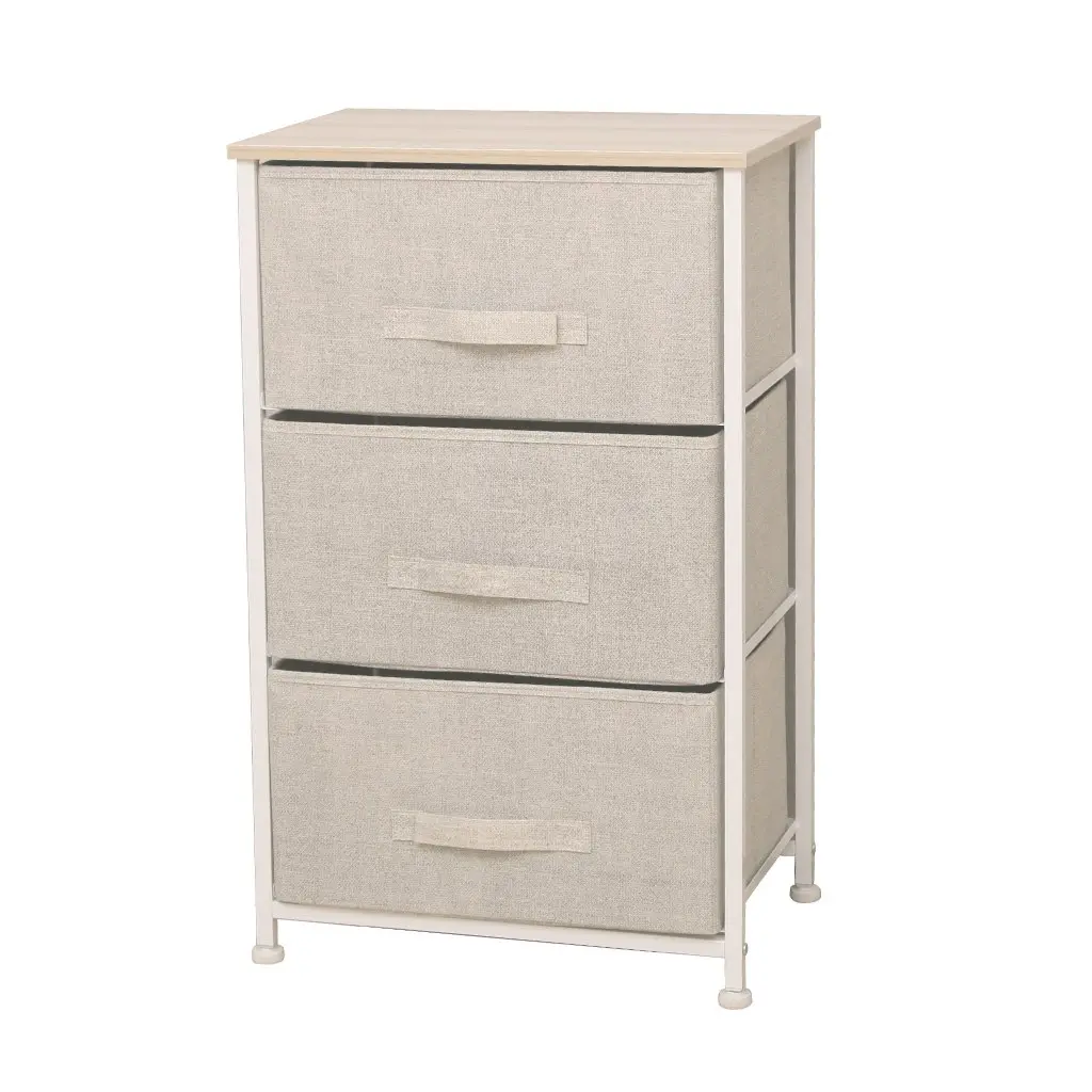 Cómoda de 3 cajones de tela beige con tapa de madera. by Remates Narvaja