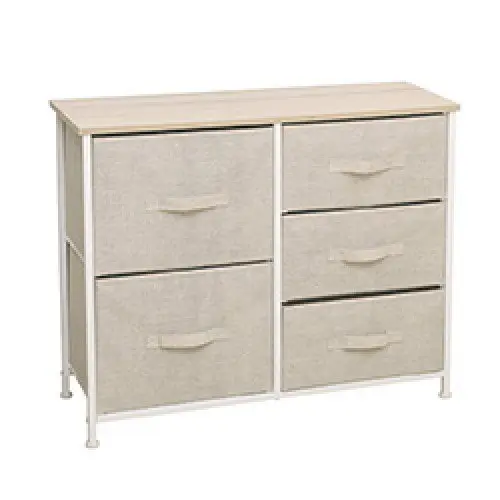 Cajonera organizadora de tela beige con 5 cajones y tapa de madera clara. by Remates Narvaja