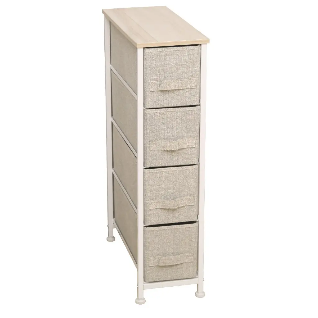Torre de almacenamiento estrecha con 4 cajones de tela beige y tapa de madera. by Remates Narvaja