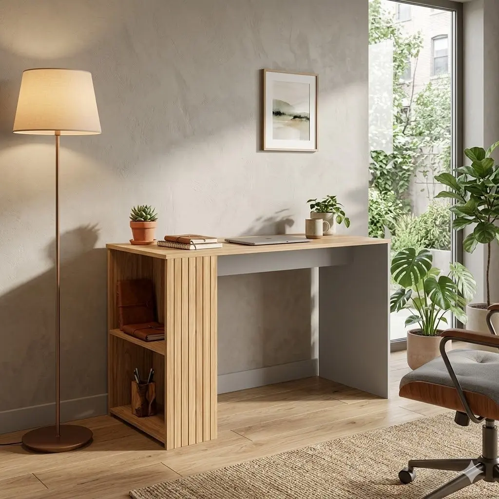 Escritorio moderno de madera clara con estantes en una oficina en casa, con laptop, plantas y luz natural. by Remates Narvaja