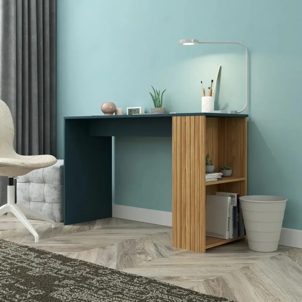 Escritorio moderno azul marino con estantes de madera para oficina en casa. by Remates Narvaja