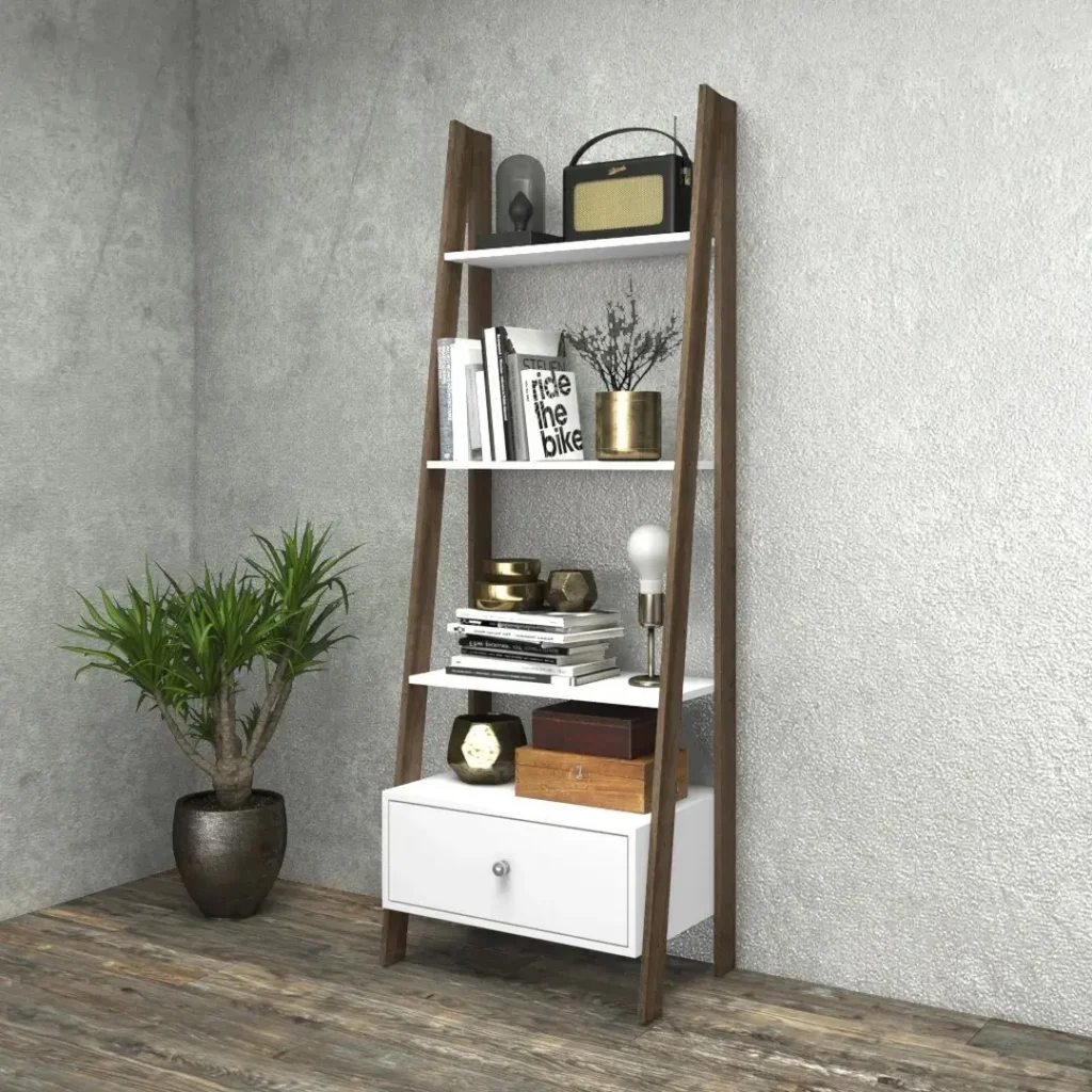 Estantería de diseño escalera con estructura de madera oscura y estantes blancos, incluye cajón. by Remates Narvaja