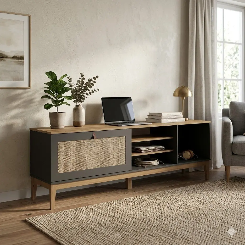 Mueble TV aparador de madera clara y gris con puerta corredera de ratán y estantes. by Remates Narvaja
