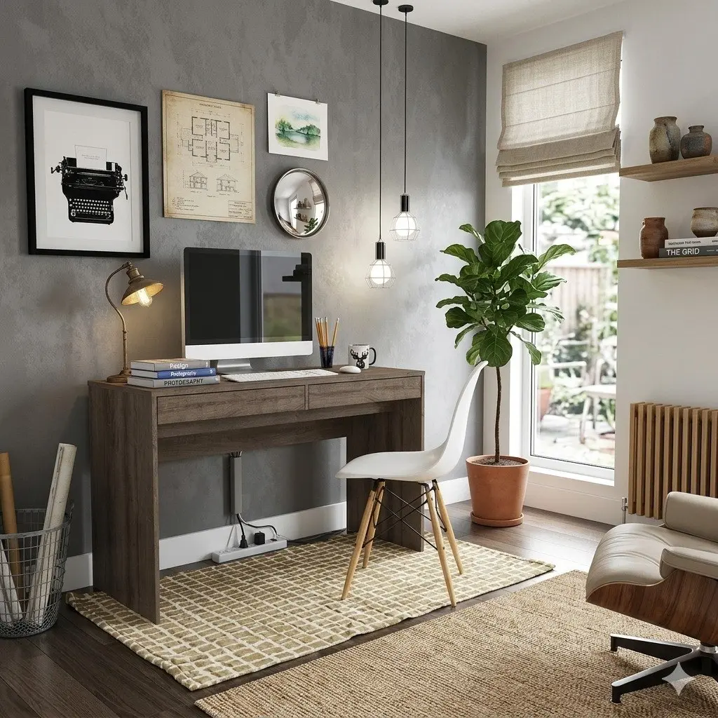 Oficina en casa moderna con escritorio de madera oscura, computadora, silla blanca, decoración de pared gris y planta grande. by Remates Narvaja