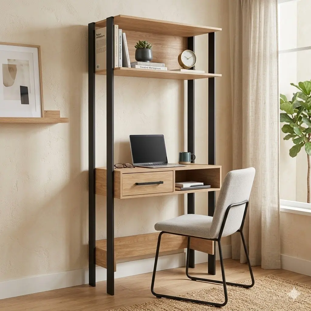 Escritorio moderno de madera clara y metal negro con estantes para oficina en casa. by Remates Narvaja