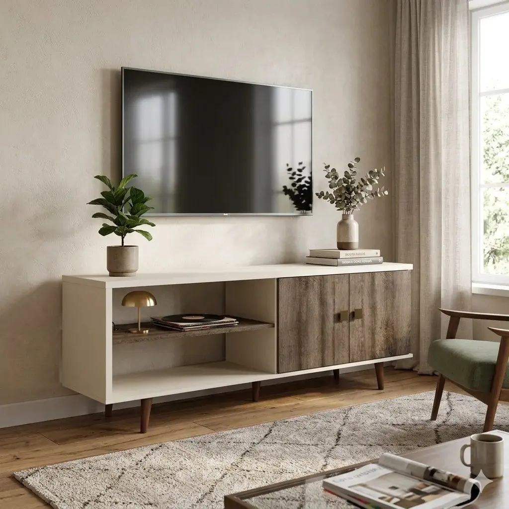 Mueble TV moderno blanco y madera con almacenamiento para sala de estar. by Remates Narvaja