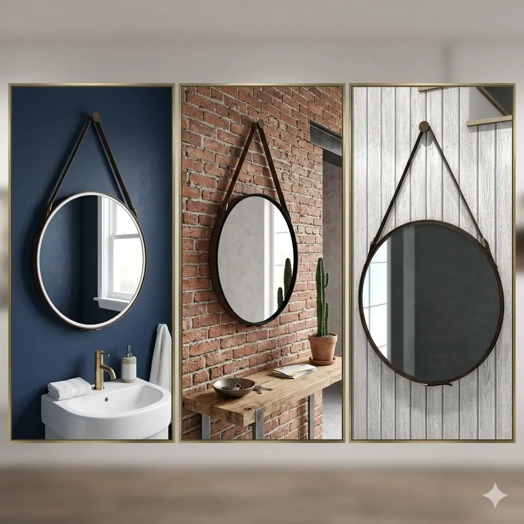 Espejos redondos decorativos con correa de cuero en diferentes ambientes: baño, entrada y pared de ladrillo. by Remates Narvaja