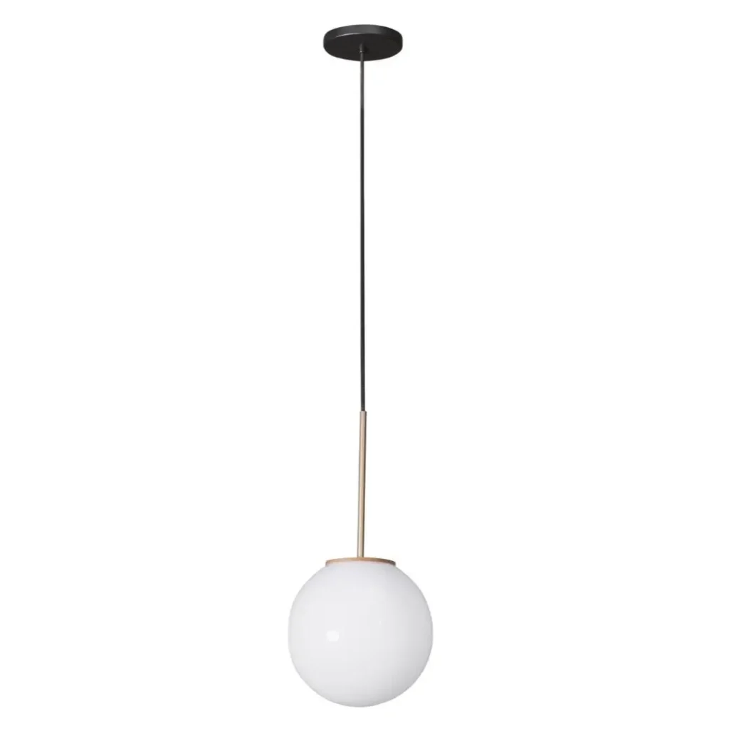 Lámpara colgante moderna con globo de vidrio opal blanco y detalles dorados. by Remates Narvaja