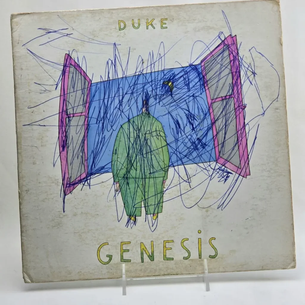 Portada del álbum Duke de Genesis, con ilustración de un hombre de espaldas mirando por una ventana y garabatos azules. by Remates Narvaja