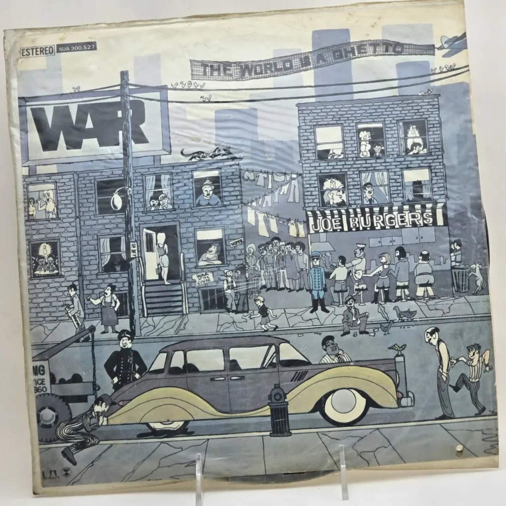 War - The World Is A Ghetto LP cover art, a cartoon illustration of a lively city street. by Remates Narvaja