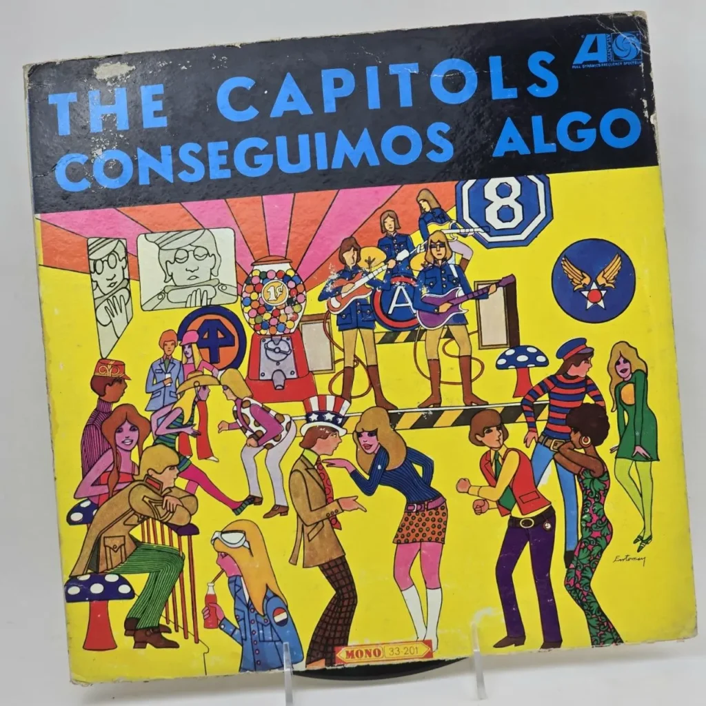 Portada del álbum "The Capitols - Conseguimos Algo" con ilustración de estilo psicodélico y personajes de los años 60. by Remates Narvaja