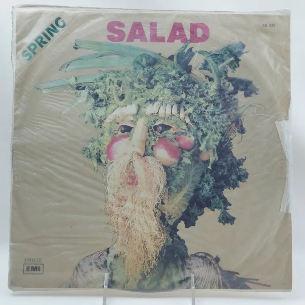 Cubierta de álbum de vinilo con una cara surrealista hecha de vegetales, con el título "SALAD" y "SPRING". by Remates Narvaja