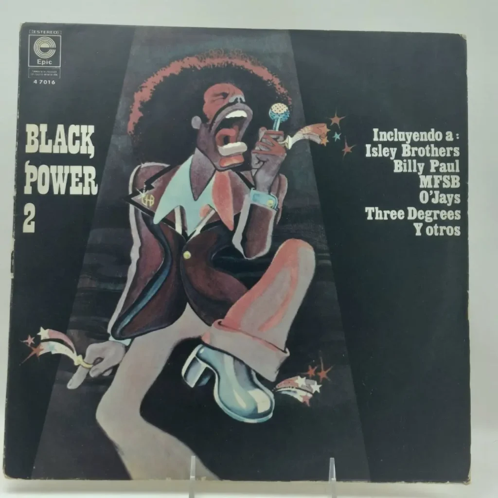 Portada de álbum "Black Power 2" con ilustración de hombre afro cantando, estilo funk soul de los 70. Incluye Isley Brothers by Remates Narvaja