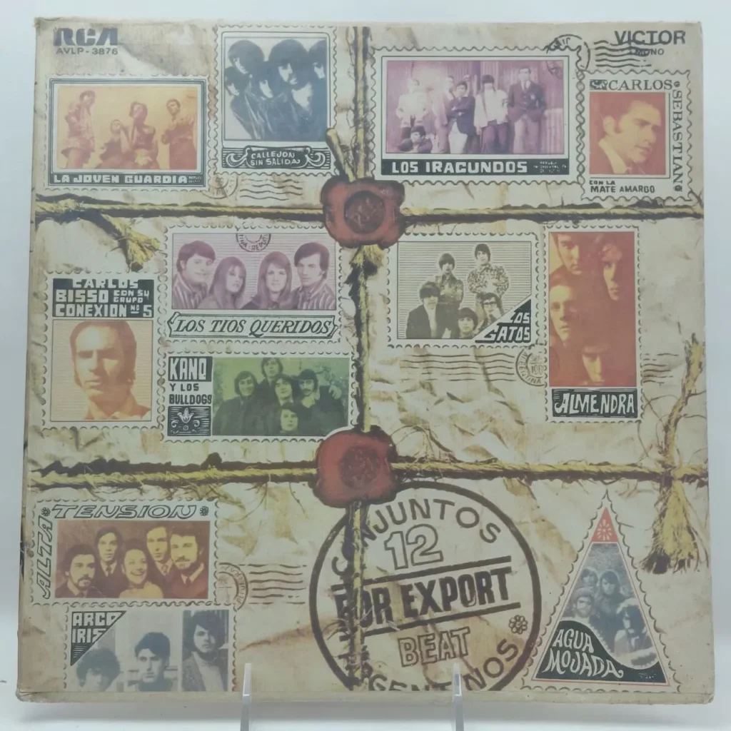 Portada de álbum recopilatorio RCA "Conjuntos 12 For Export Beat" con diseño de paquete postal, sellos y fotos de bandas como Almendra by Remates Narvaja