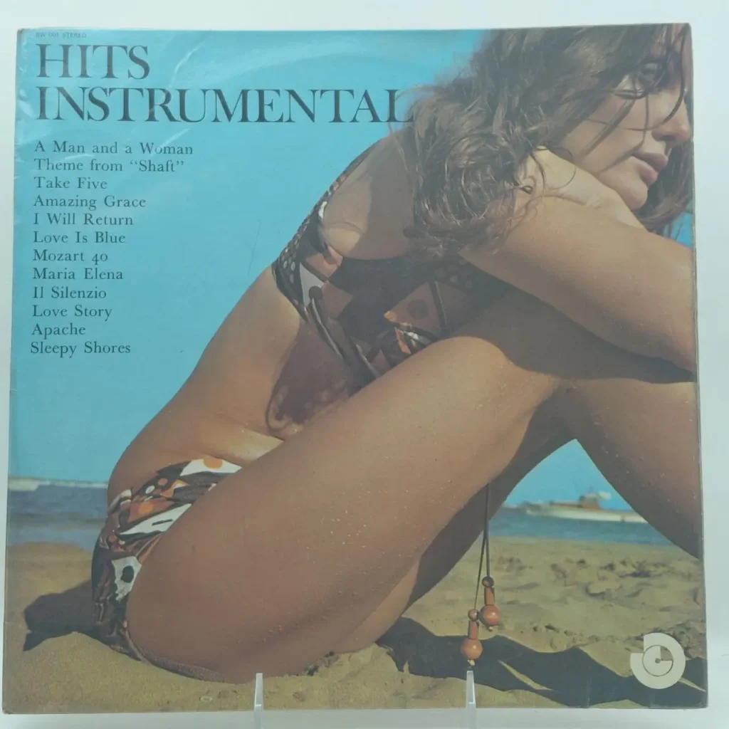 Portada del disco "Hits Instrumental" con una mujer en bikini sentada en la playa. by Remates Narvaja