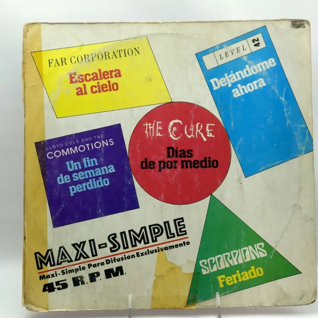 Portada de disco Maxi-Simple promocional 45 RPM con The Cure, Scorpions, Level 42, Far Corporation y Lloyd Cole by Remates Narvaja