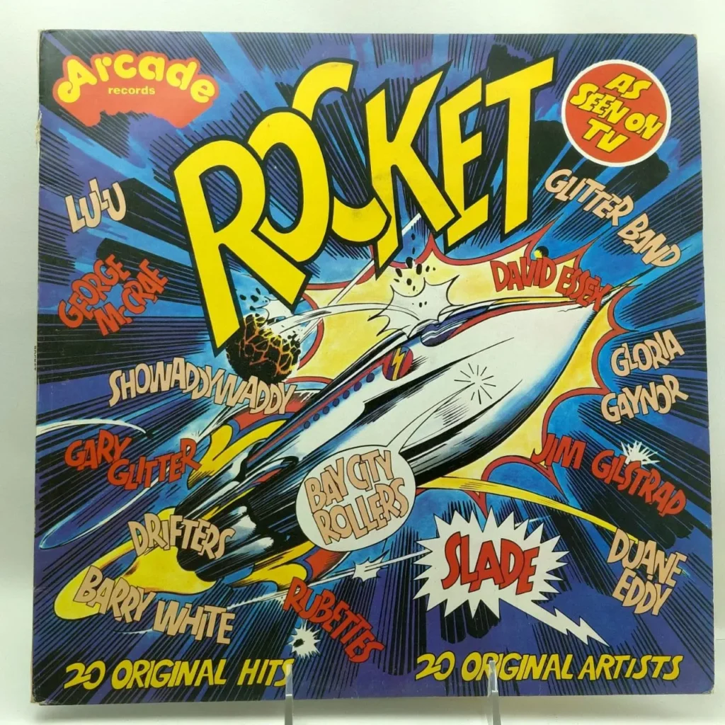 Portada del álbum "Rocket" de Arcade Records, un recopilatorio de 20 éxitos originales con artistas como Slade, Gloria Gaynor, Barry White y by Remates Narvaja