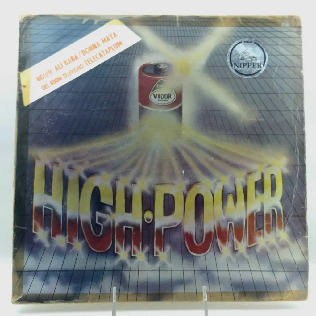 Portada de álbum "High Power" con batería Vidor, rayos de energía, sello RCA Nipper e incluye Ali Baba, Donna Maya, Telecataplum by Remates Narvaja