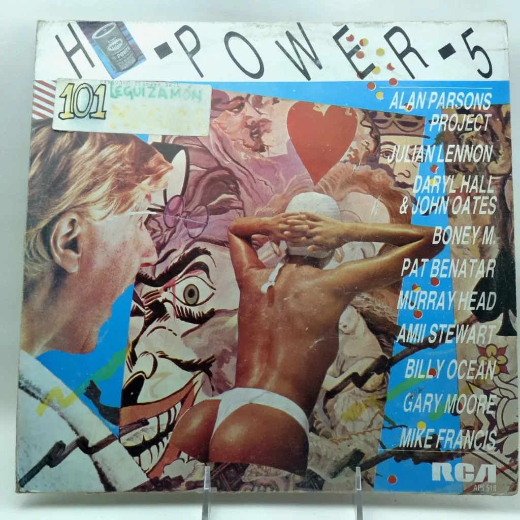 Portada de vinilo "HI-POWER 5" con collage de mujer en traje de baño, rostros y lista de artistas como Alan Parsons Project by Remates Narvaja