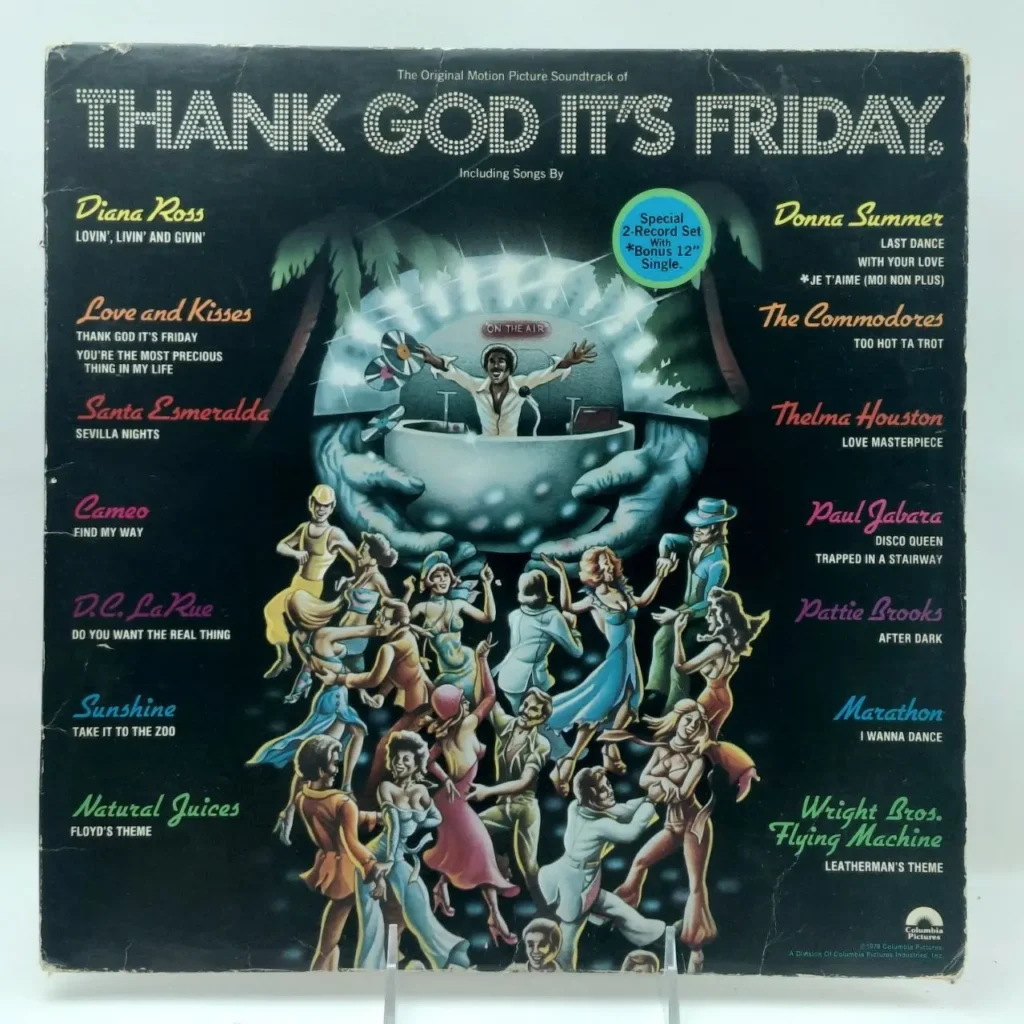 Portada del álbum "Thank God It's Friday Original Motion Picture Soundtrack" con ilustración disco de bailarines y DJ. by Remates Narvaja