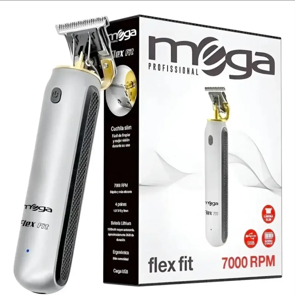 Máquina de cortar pelo Moga Flex Fit plateada y dorada, con caja, destacando cuchilla slim, 7000 RPM, batería litio y carga USB. by Remates Narvaja