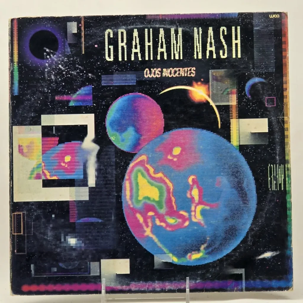 Portada del álbum "Ojos Inocentes" de Graham Nash con diseño espacial y planetas de colores térmicos. by Remates Narvaja